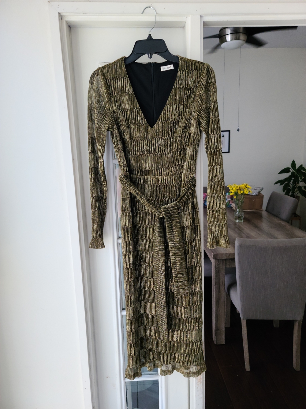 Long Sleeve Olive Green Metallic Wrap-Style Dress